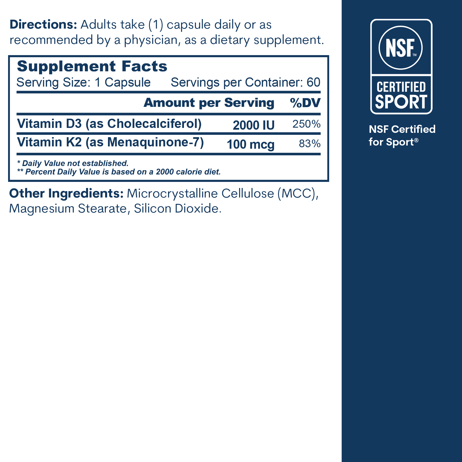 Vitamin D3 2000IU + K2: Bottle (60 Count) (Wholesale)