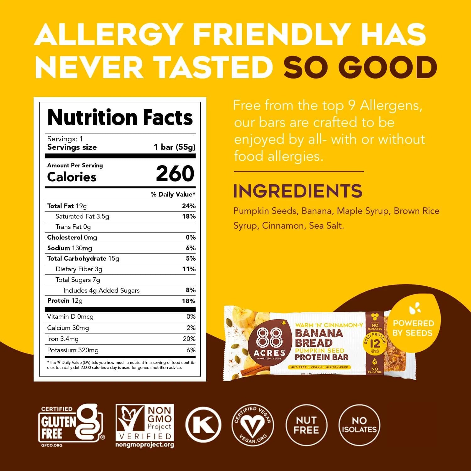 88 Acres Banana Bread Pumpkin Seed Protein Bar 1.9oz (54 Ct. Master Case)