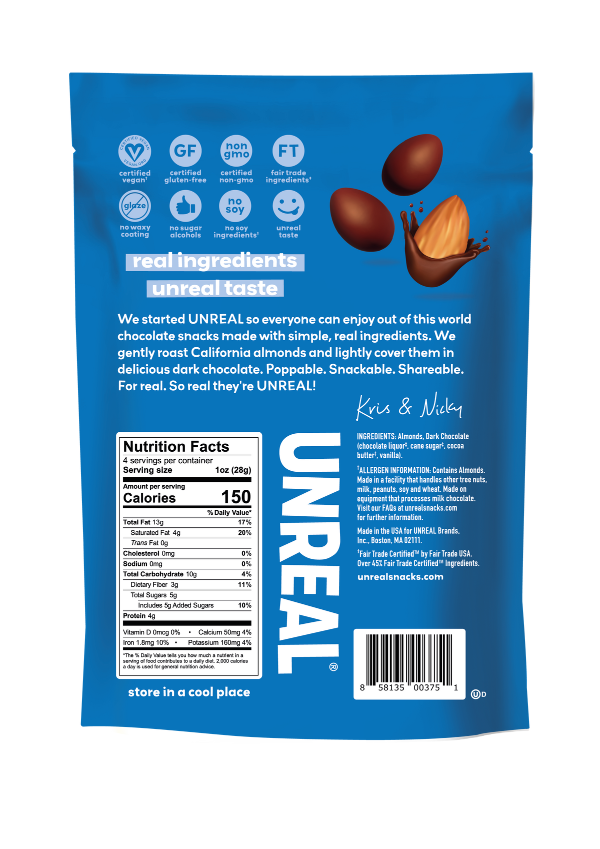 UNREAL - Dark Chocolate Covered Almonds (Case of 6 Bags, 4 oz each)