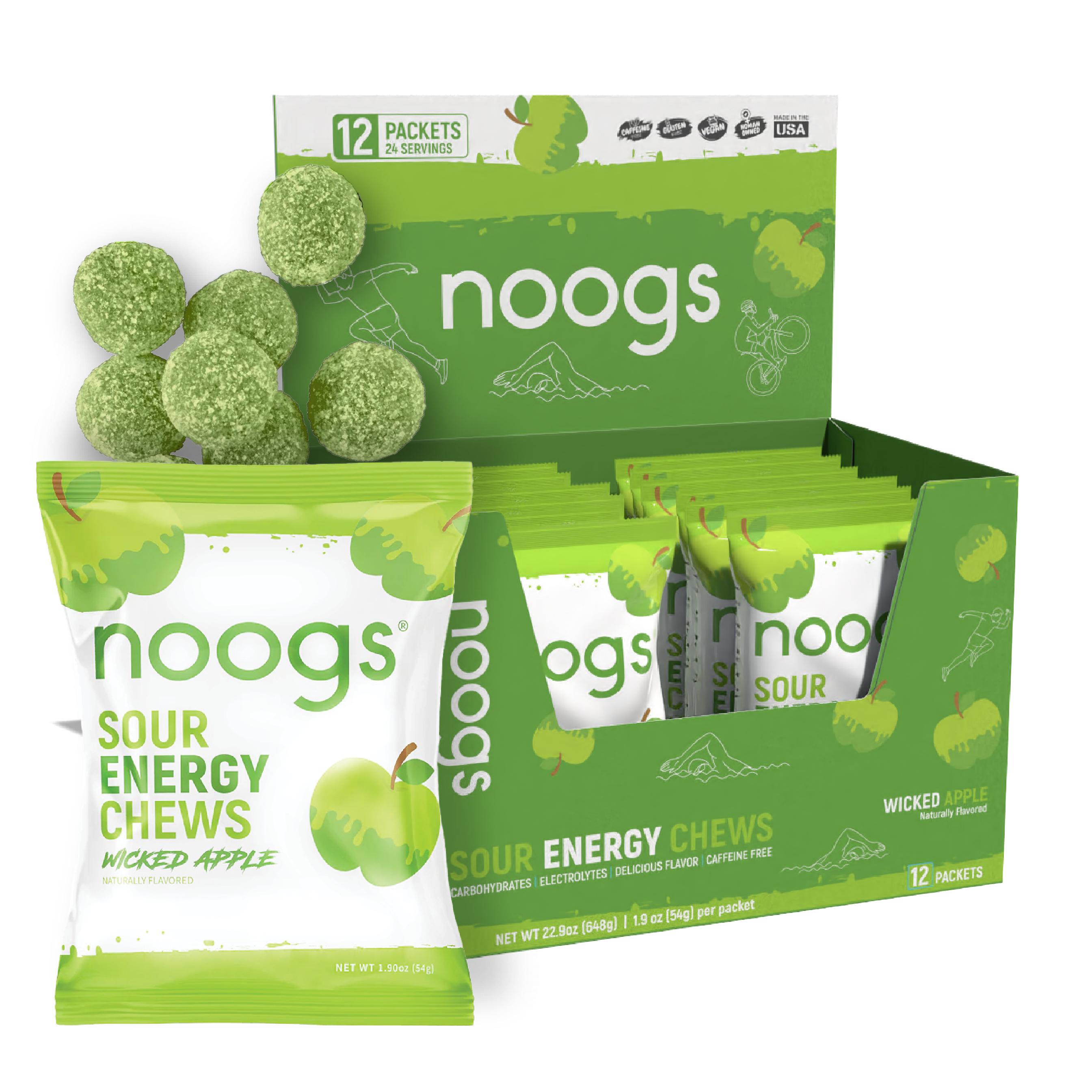Wicked Apple Sour Energy Chews (12 bags, 24 servings) - PSC