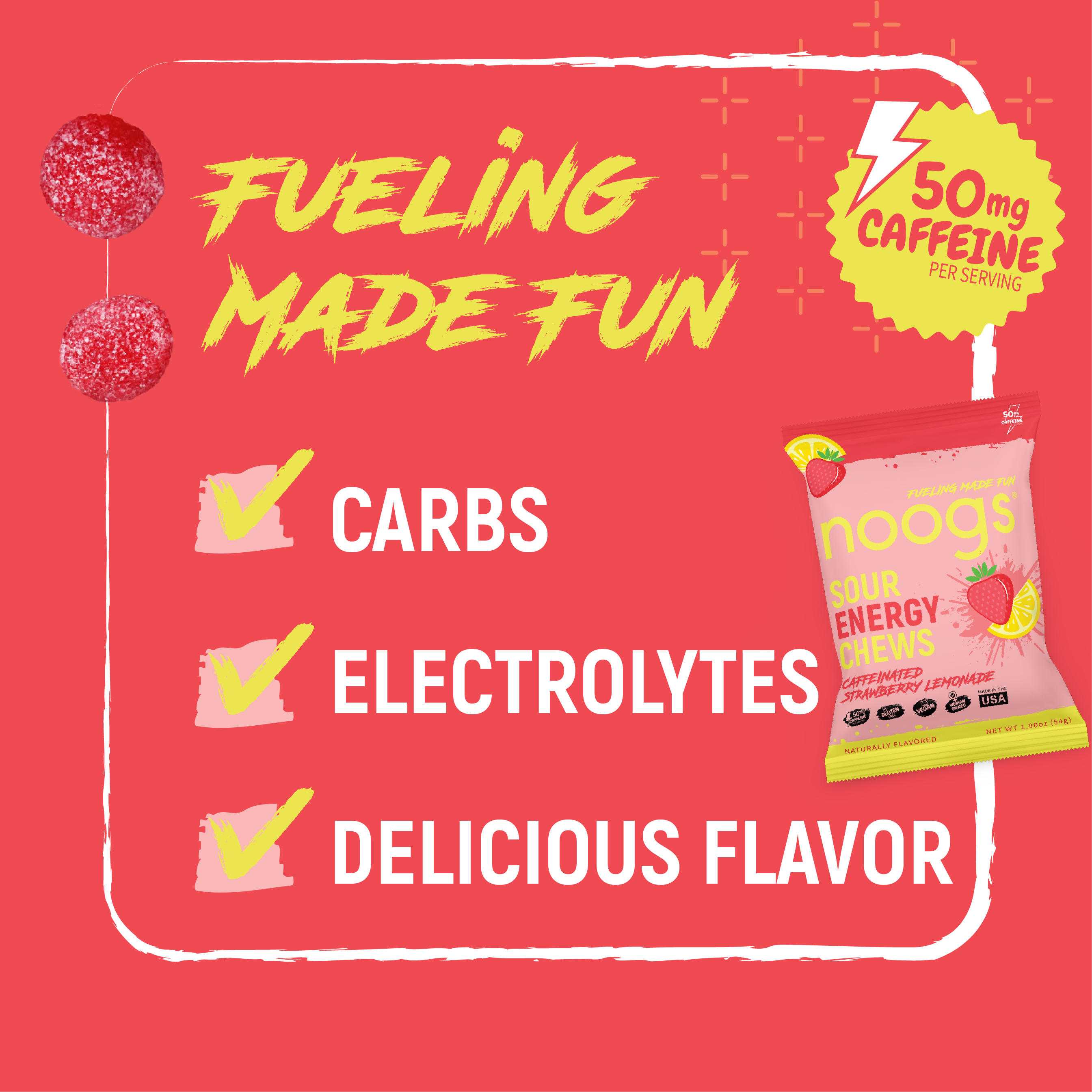 Caffeinated Strawberry Lemonade Sour Energy Chews (12 bags, 24 servings) - PSC