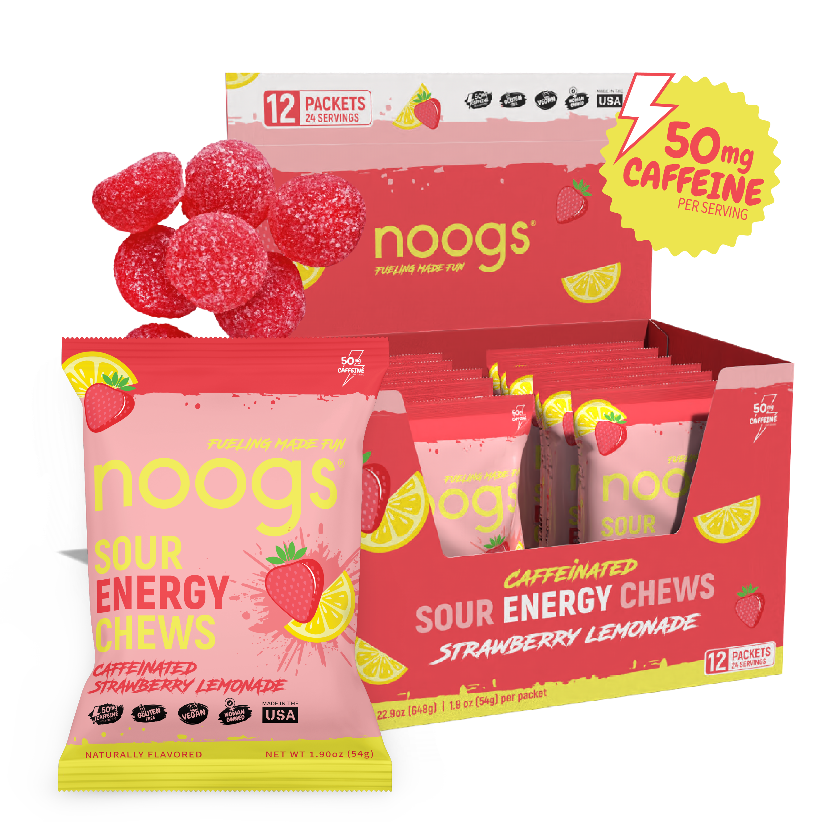 Caffeinated Strawberry Lemonade Sour Energy Chews (12 bags, 24 servings) - PSC