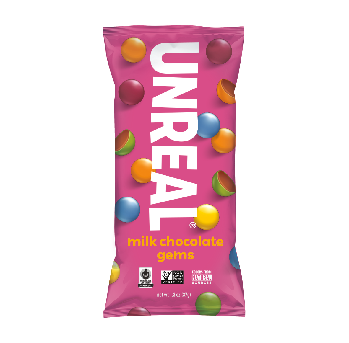 UNREAL - Milk Chocolate Gems Snack Bags (Caddy of 12 Bags, 1.5 oz each)