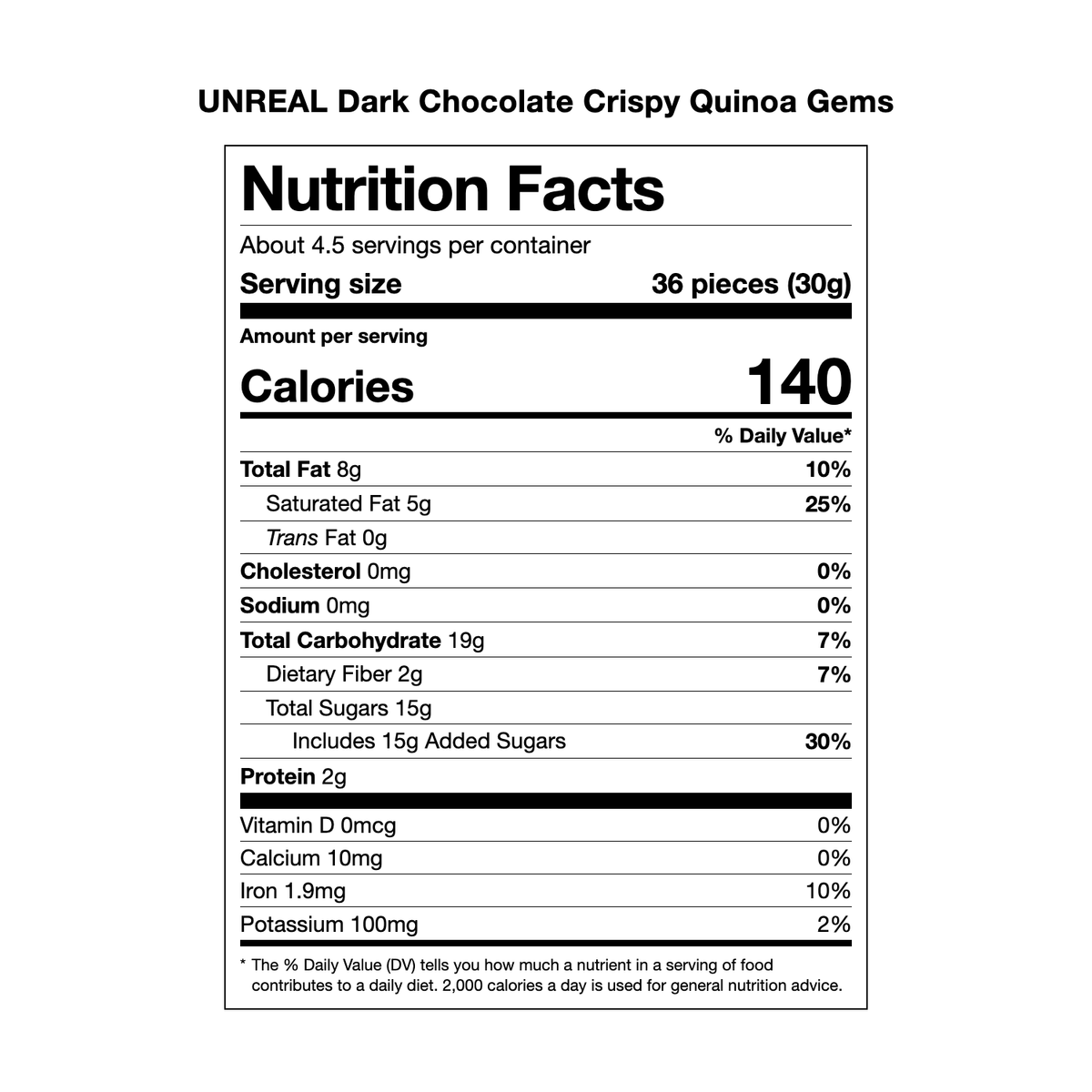UNREAL Dark Chocolate Crispy Quinoa Gems Nutrition Facts