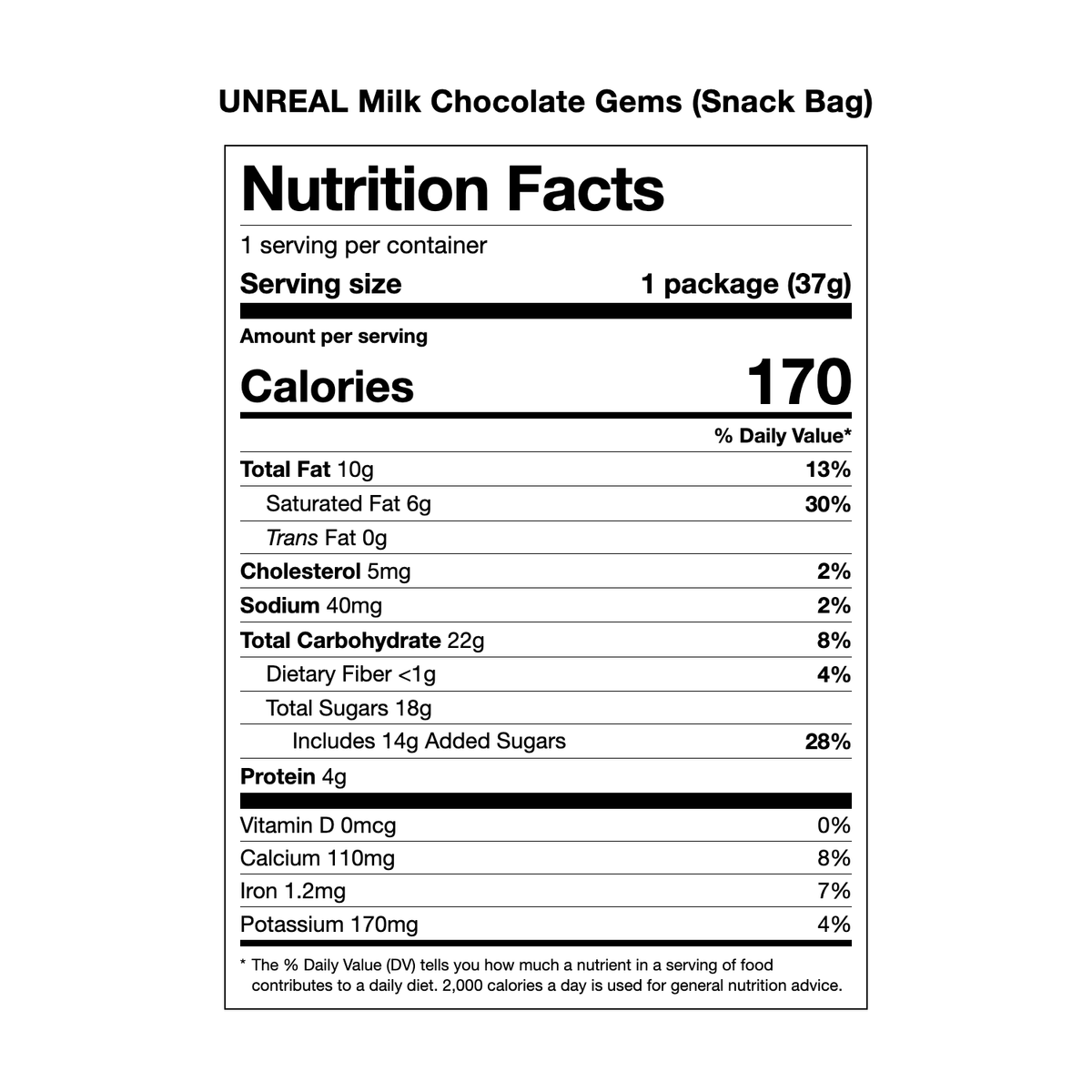 UNREAL Milk Chocolate Gems (Snack Bag) Nutrition Facts