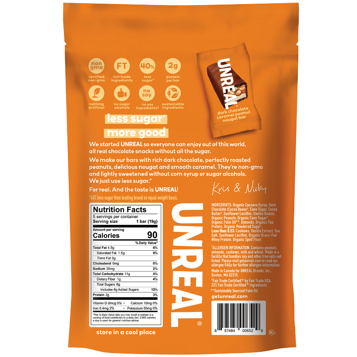 UNREAL - Dark Chocolate Caramel Peanut Nougat Bars (Case of 6 Bags, 5 Bars per Bag - 30 Bars)