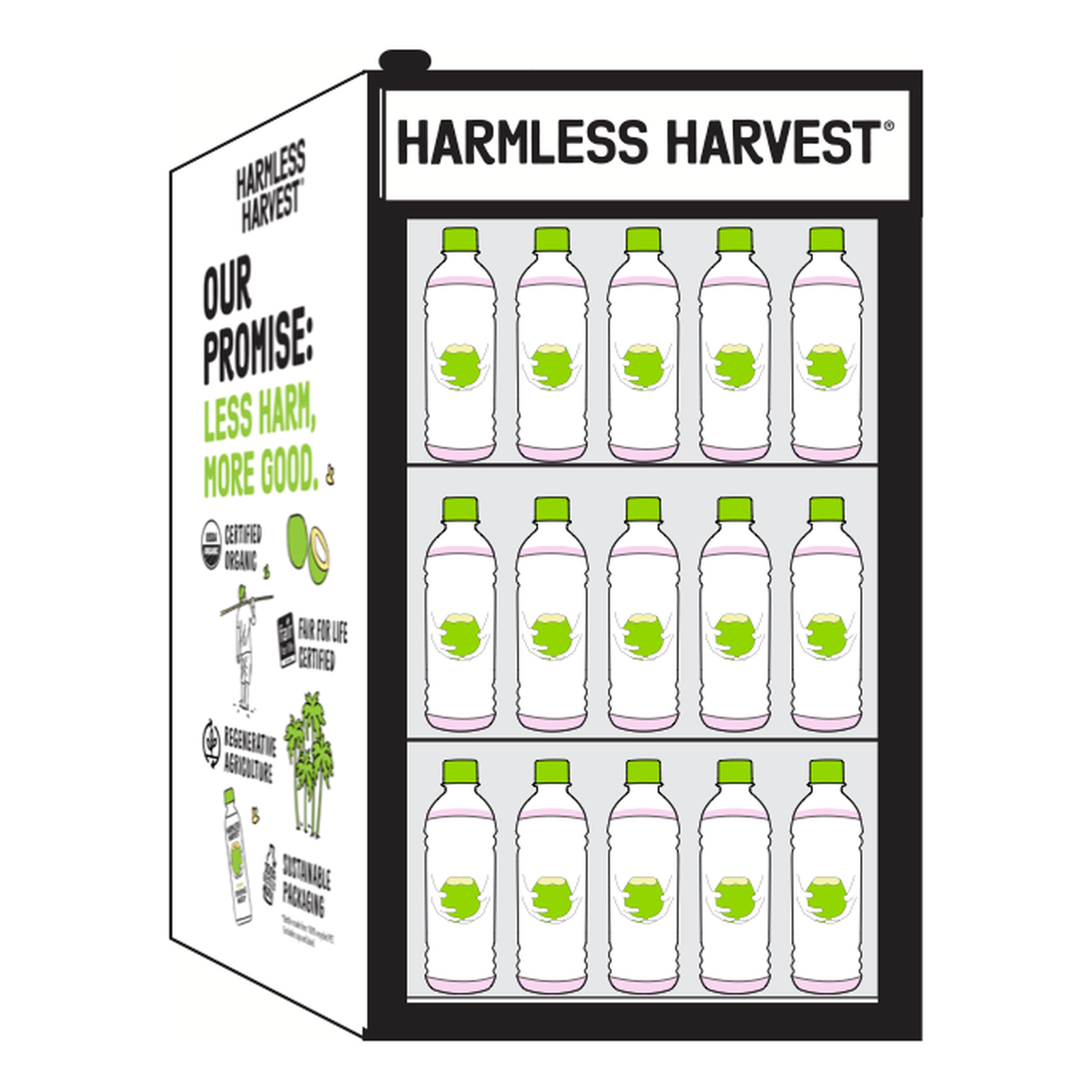 Harmless Harvest All Star countertop cooler holding 36 x 16oz coconut water bottles
