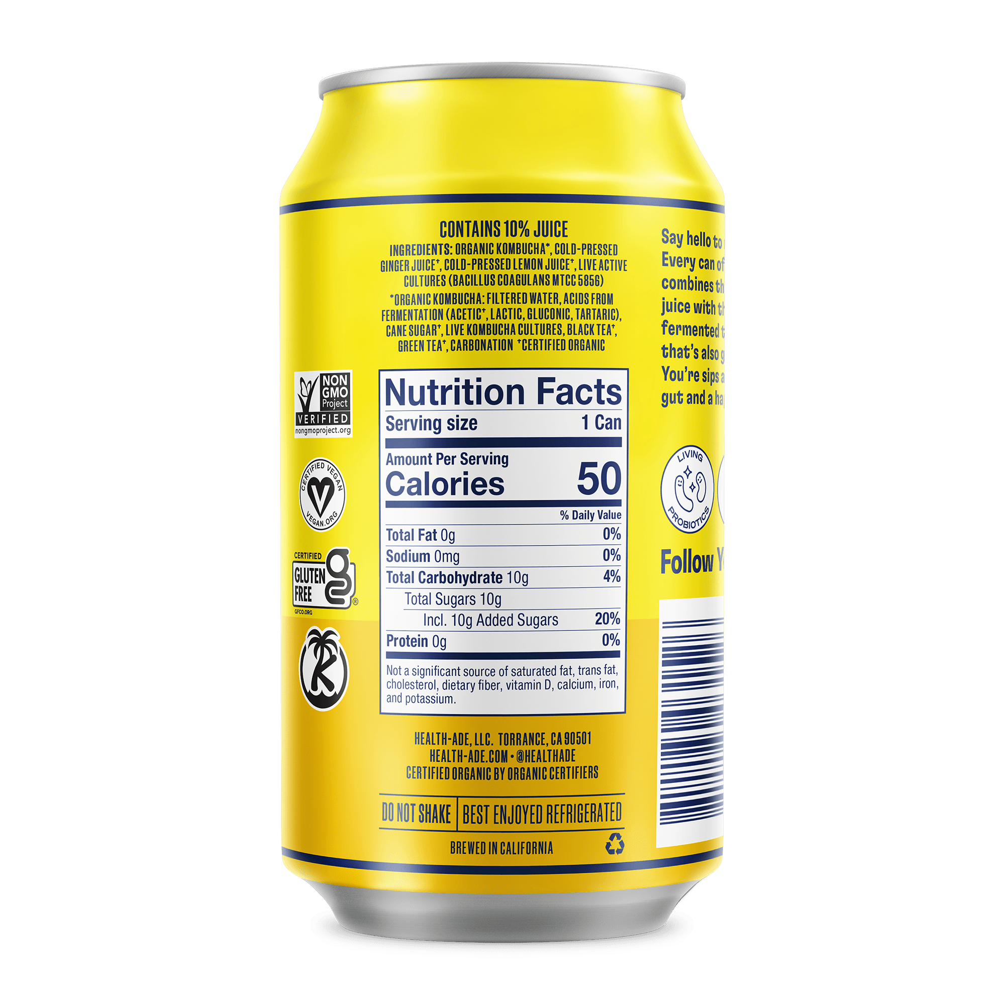 Health-Ade Ginger-Lemon Kombucha can, right side