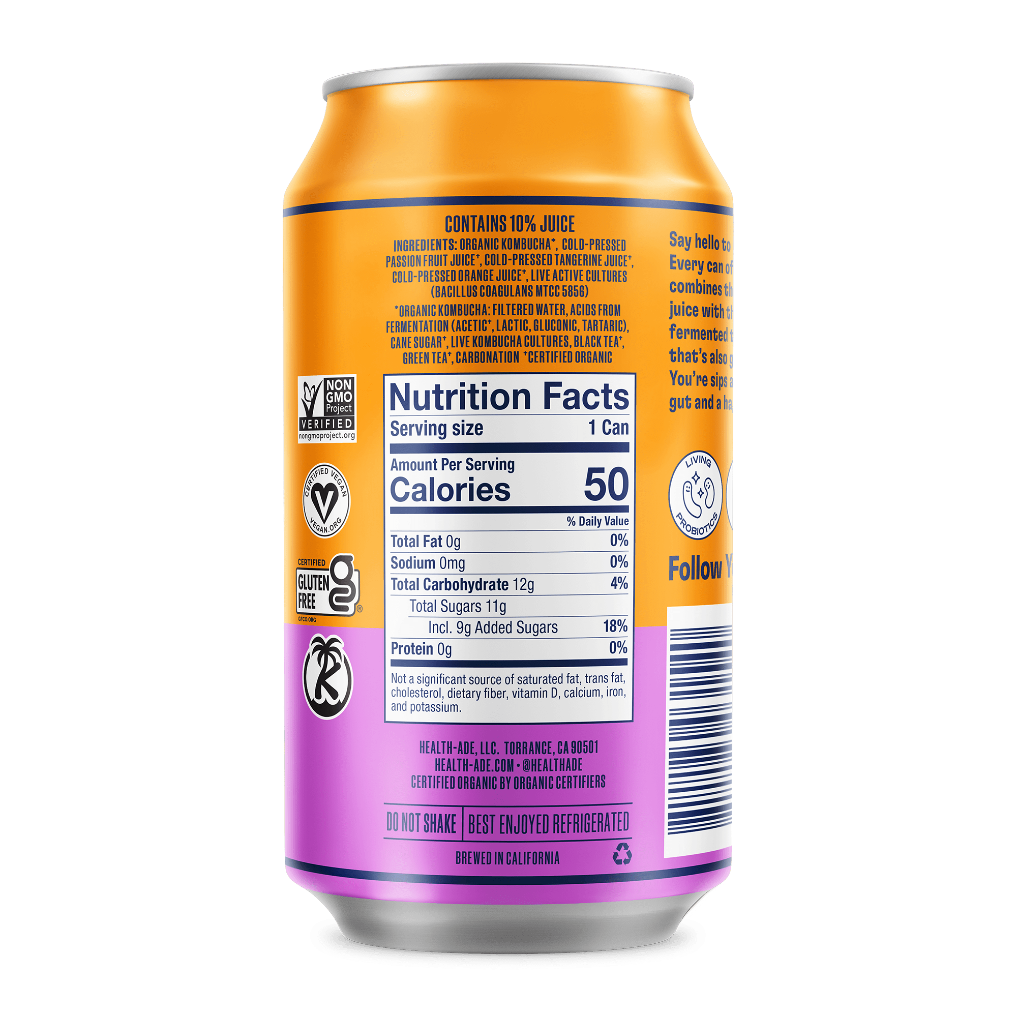 Health-Ade Passion Fruit-Tangerine Kombucha can, right side