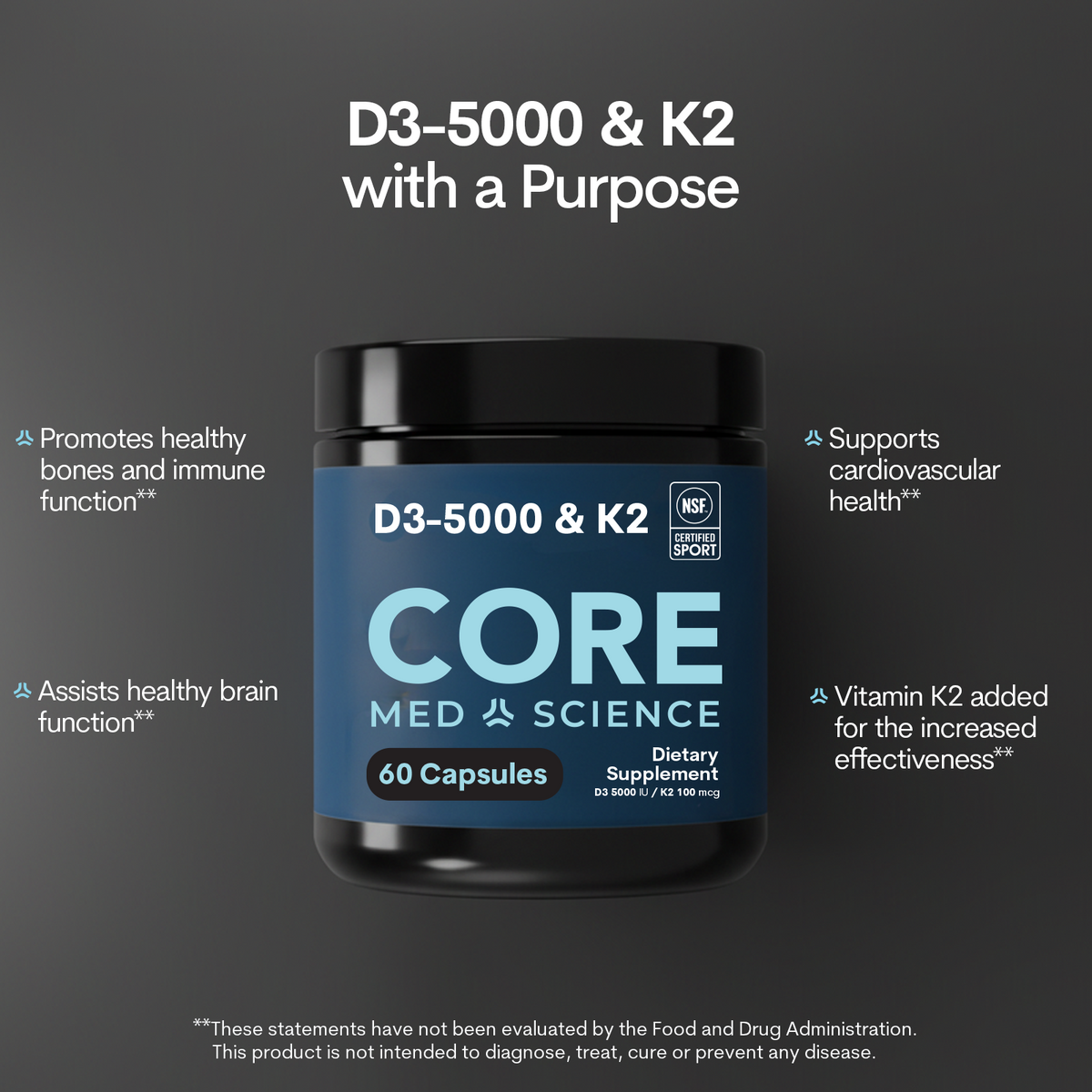 Vitamin D3-5000IU + K2 Bottle 60CT Capsules