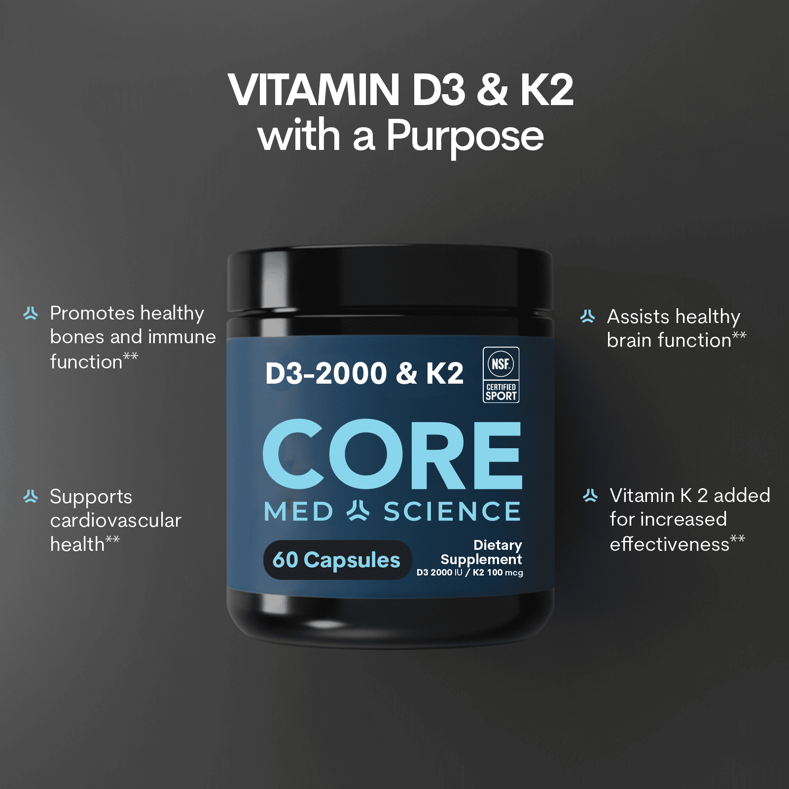 Vitamin D3 2000IU + K2: Bottle (60 Count) (Wholesale)