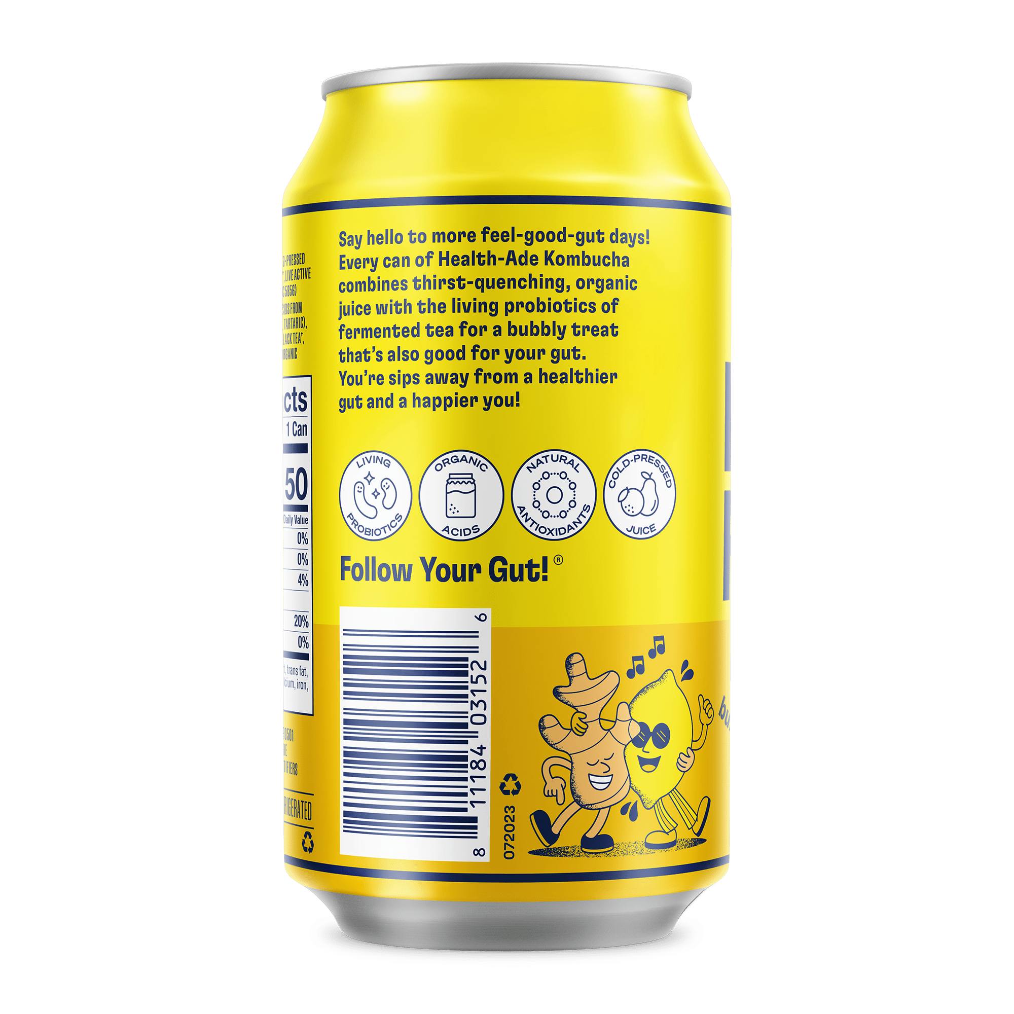 Health-Ade Ginger-Lemon Kombucha can, left side