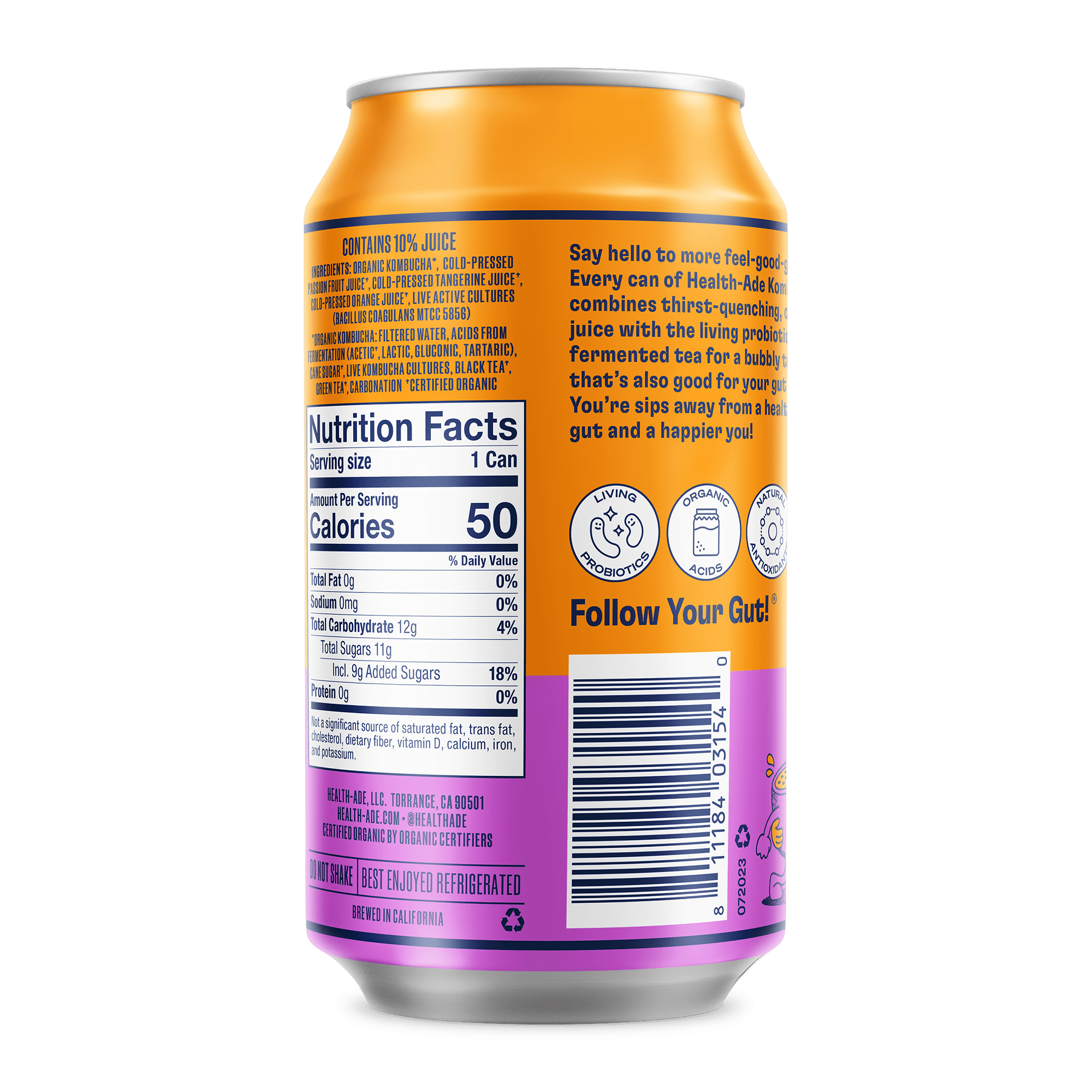 Health-Ade Passion Fruit-Tangerine Kombucha can, back