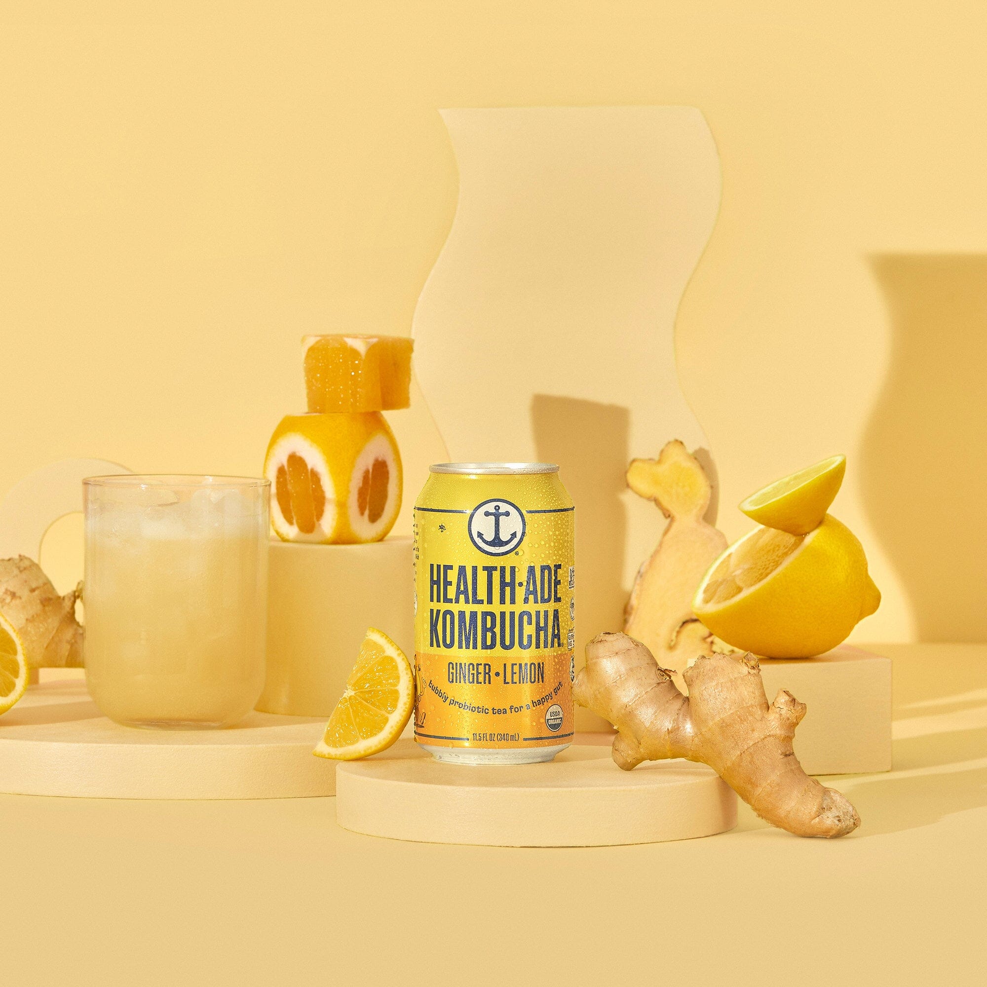 Health-Ade Ginger-Lemon Kombucha cans lifestyle image