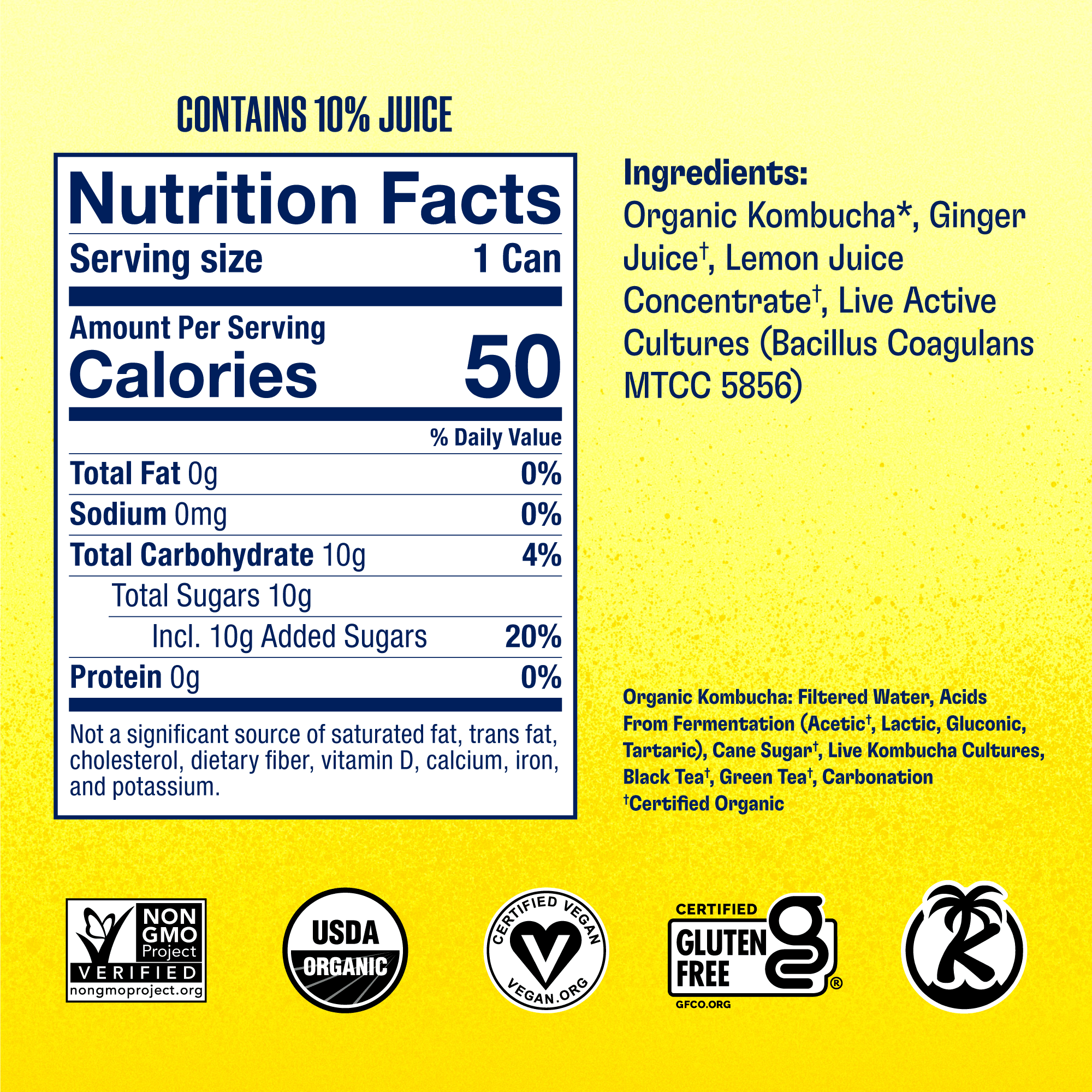 Health-Ade Ginger-Lemon Kombucha can nutrition facts and ingredients panel