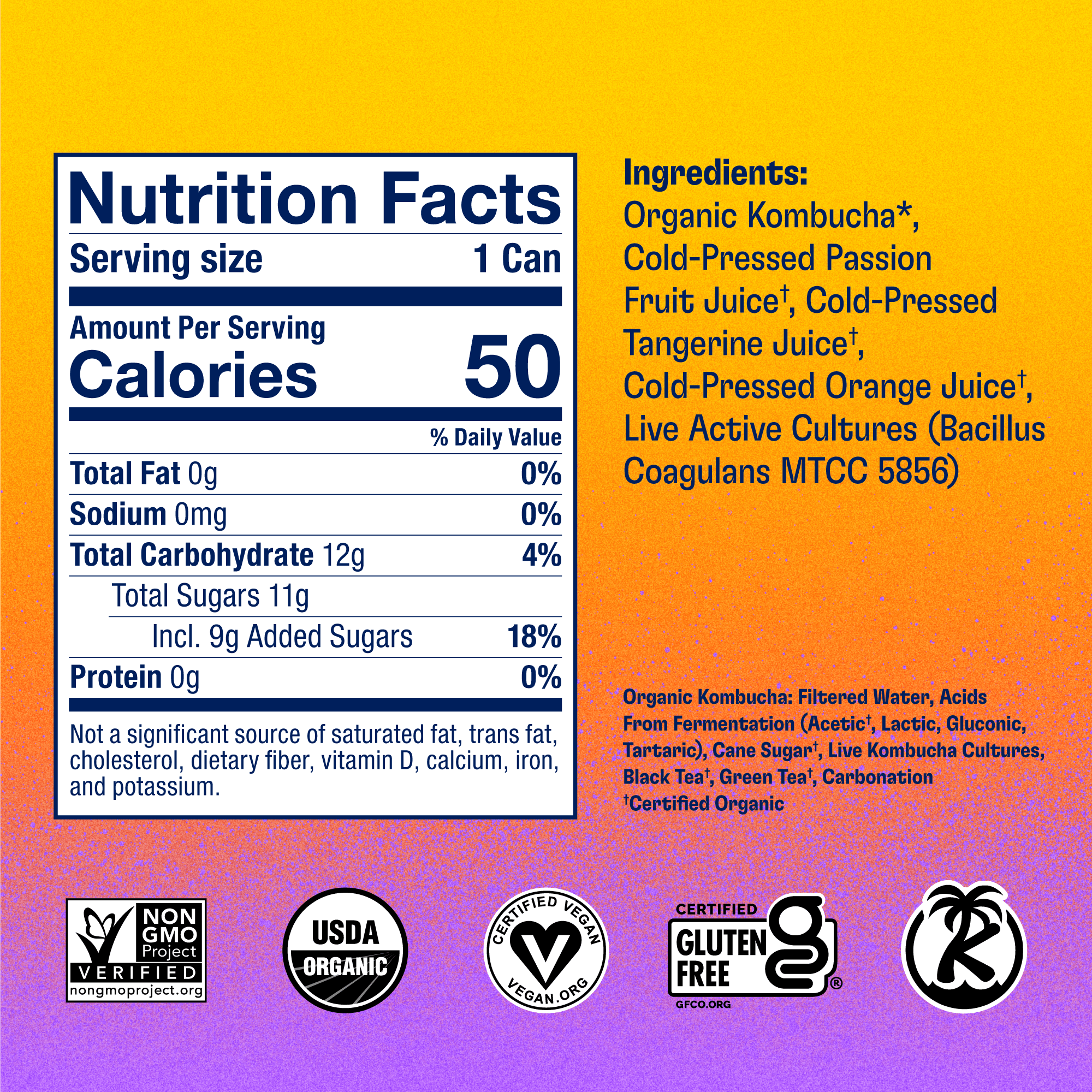 Health-Ade Passion Fruit-Tangerine Kombucha can nutrition facts and ingredients panel