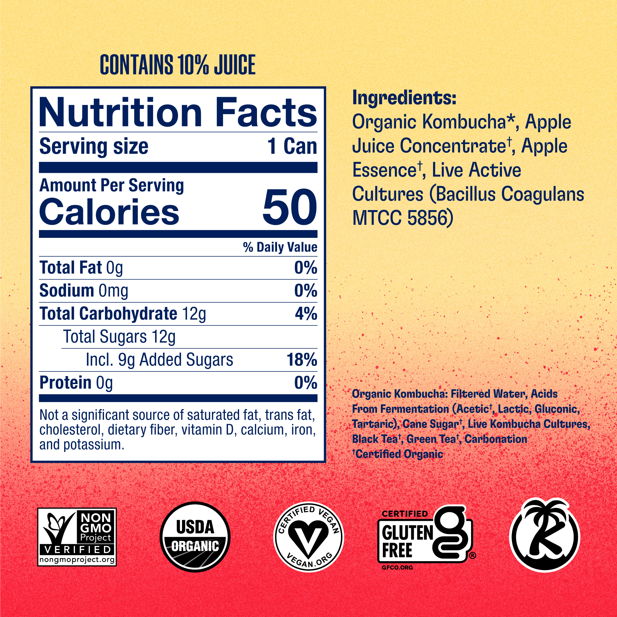 Health-Ade Pink Lady Apple Kombucha can nutrition facts and ingredients panel