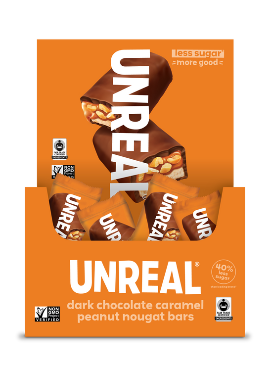UNREAL - Mini Dark Chocolate Caramel Peanut Nougat Bars (Caddy of 30 Individually Wrapped Minis)