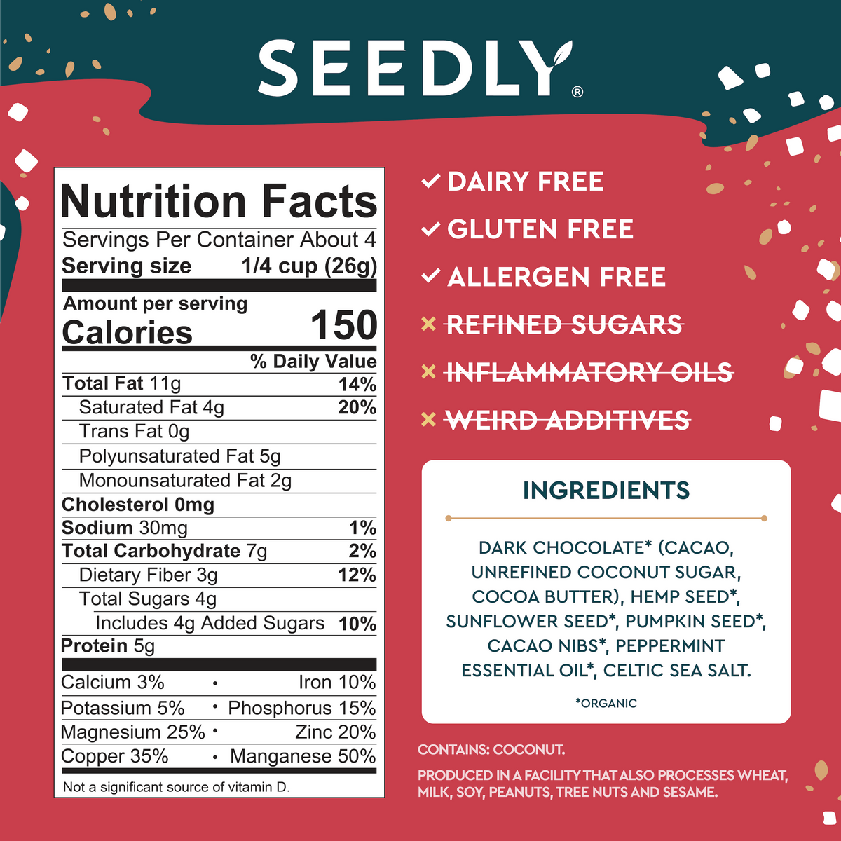 SEEDLY, Peppermint, Dark Chocolate Bark, 3.6 Oz.