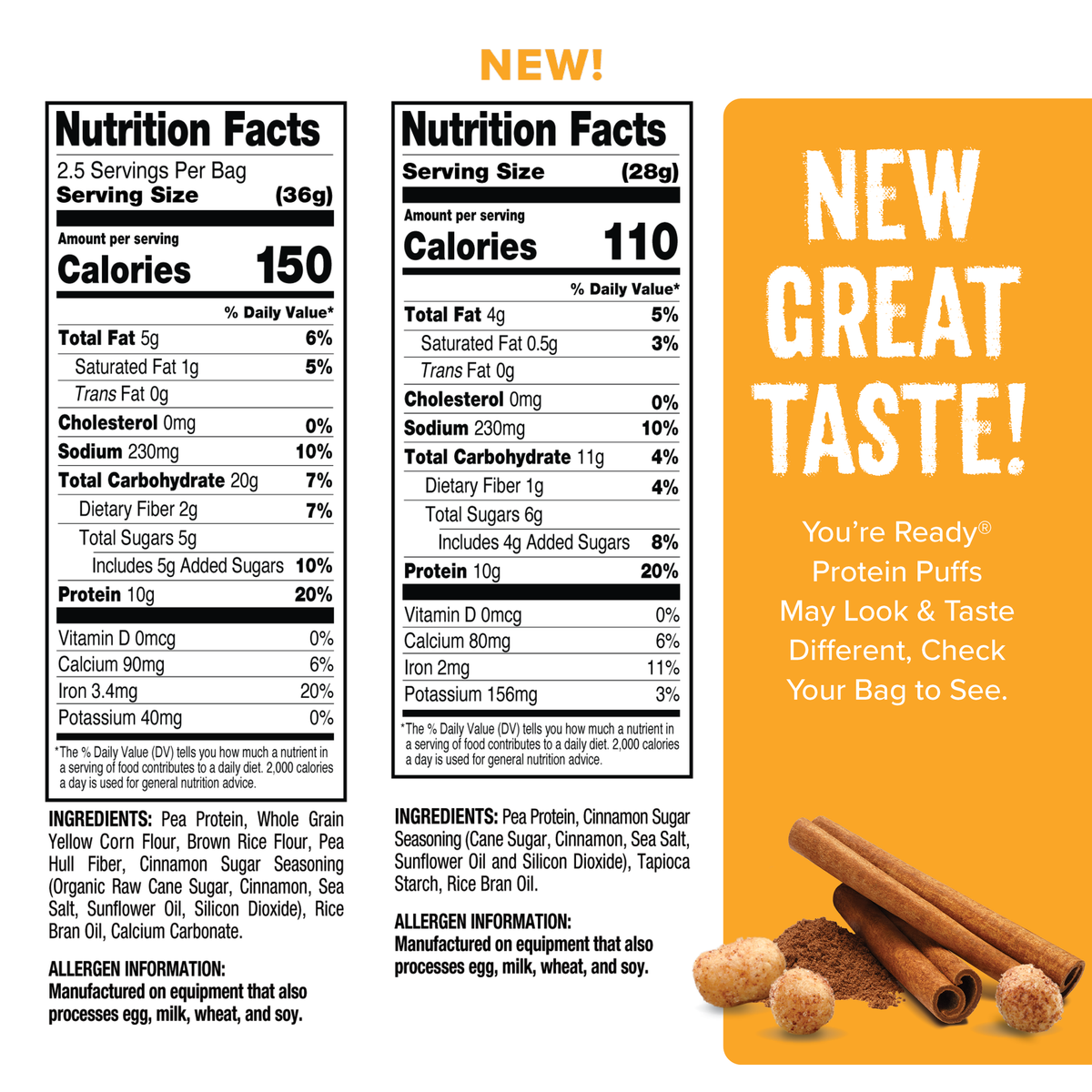 Ready Protein Puffs - Cinnamon Sugar (6 x 2.5 Serving Bags)