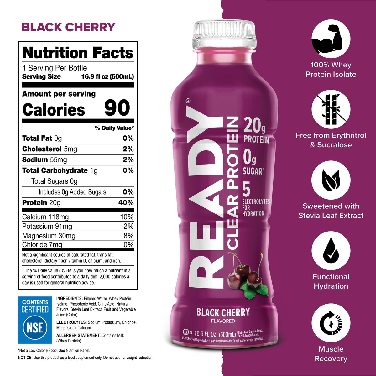 Ready Clear Protein Water 20g - Black Cherry (12 x 16.9oz)