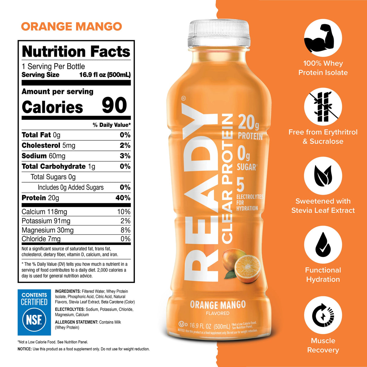Ready Clear Protein Water 20g - Orange Mango (12 x 16.9oz)