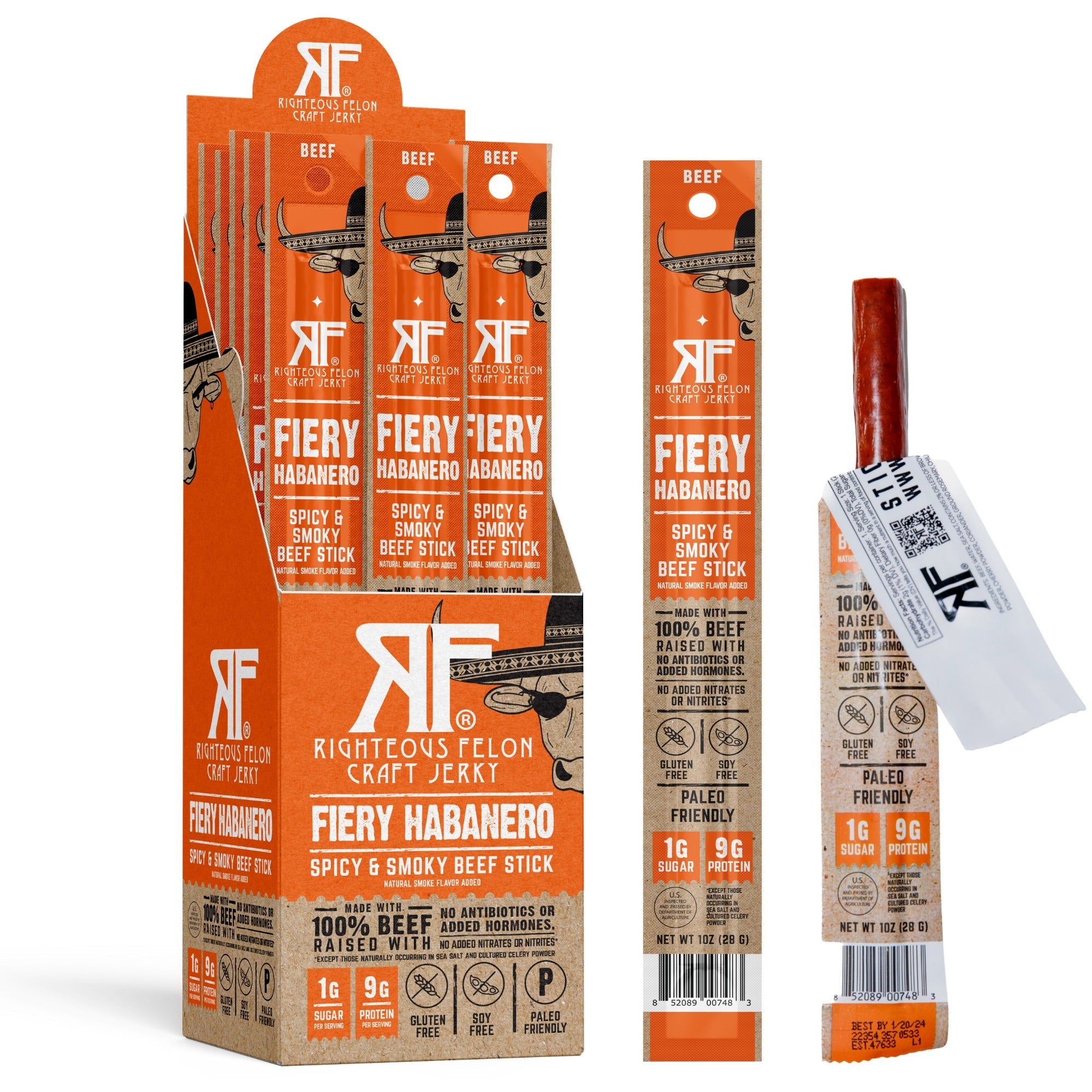 Righteous Felon Fiery Habanero Beef Stick 1oz Master Case 144ct (6/24ct)