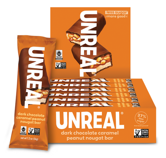 UNREAL - Dark Chocolate Caramel Peanut Nougat Bars, Full Size (Caddy of 12 Bars, 1.2 oz each)