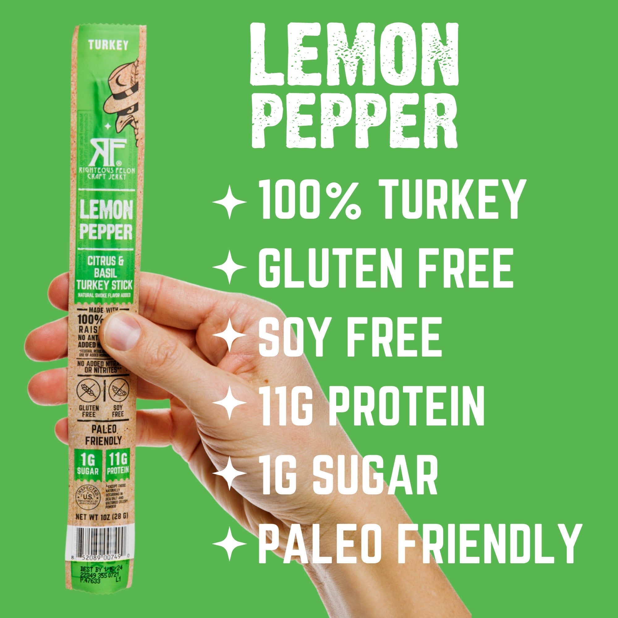 Righteous Felon Lemon Pepper Turkey Stick 1oz Master Case 144ct (6/24ct)