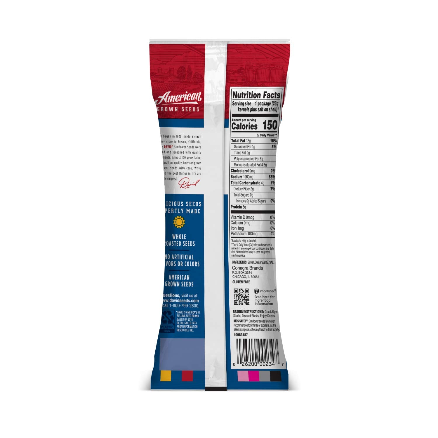 David Original Sunflower Seeds 1.625 oz tube, back of package