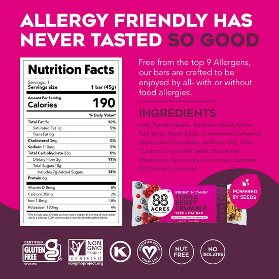 88 Acres Triple Berry Seed Blend Oat Bar 1.6oz (54 Ct. Master Case)