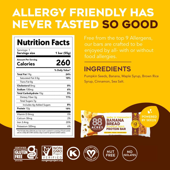 88 Acres Banana Bread Pumpkin Seed Protein Bar 1.9oz (54 Ct. Master Case)