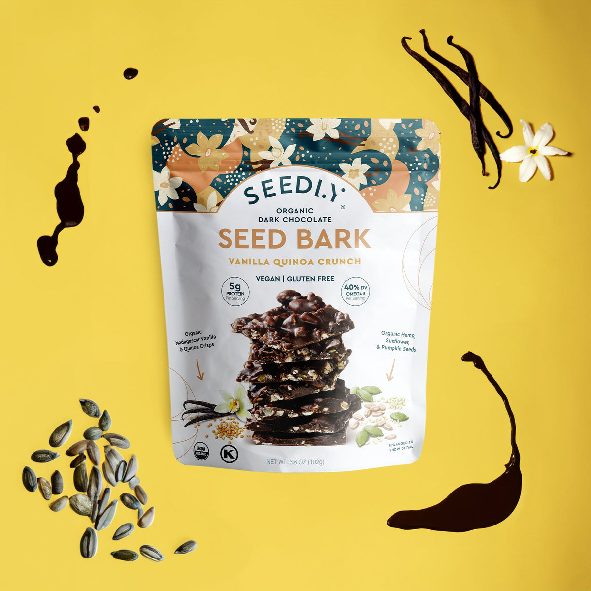 SEEDLY, Vanilla Quinoa Crunch, Dark Chocolate Bark, 3.6 Oz.