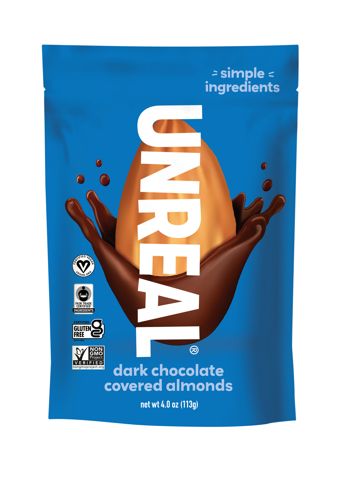UNREAL - Dark Chocolate Covered Almonds (Case of 6 Bags, 4 oz each)