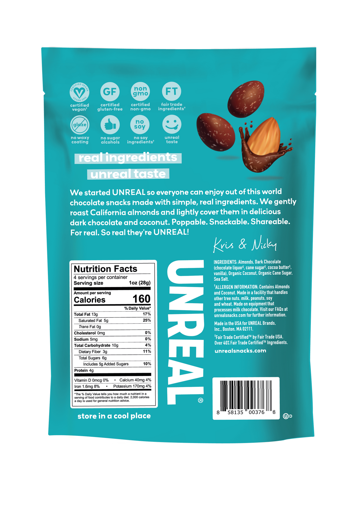 UNREAL - Dark Chocolate Coconut Covered Almonds (Case of 6 Bags, 4 oz each)