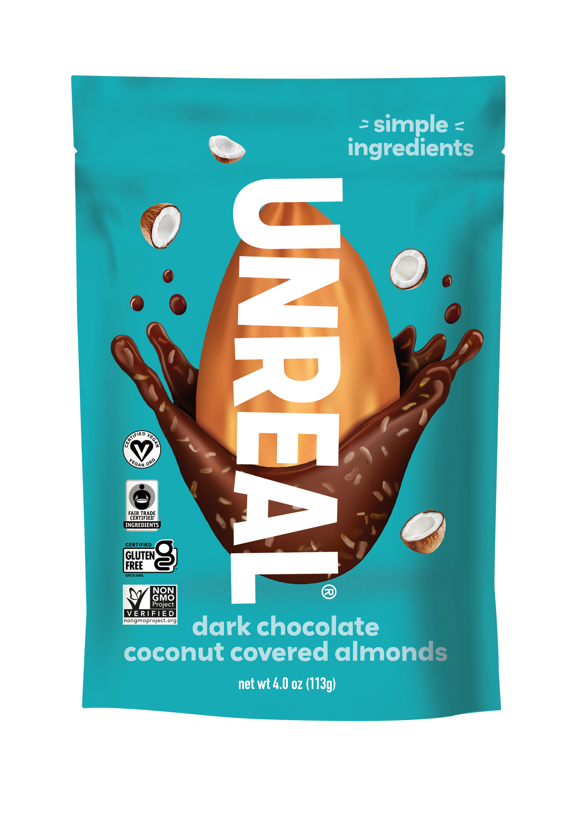 UNREAL - Dark Chocolate Coconut Covered Almonds (Case of 6 Bags, 4 oz each)