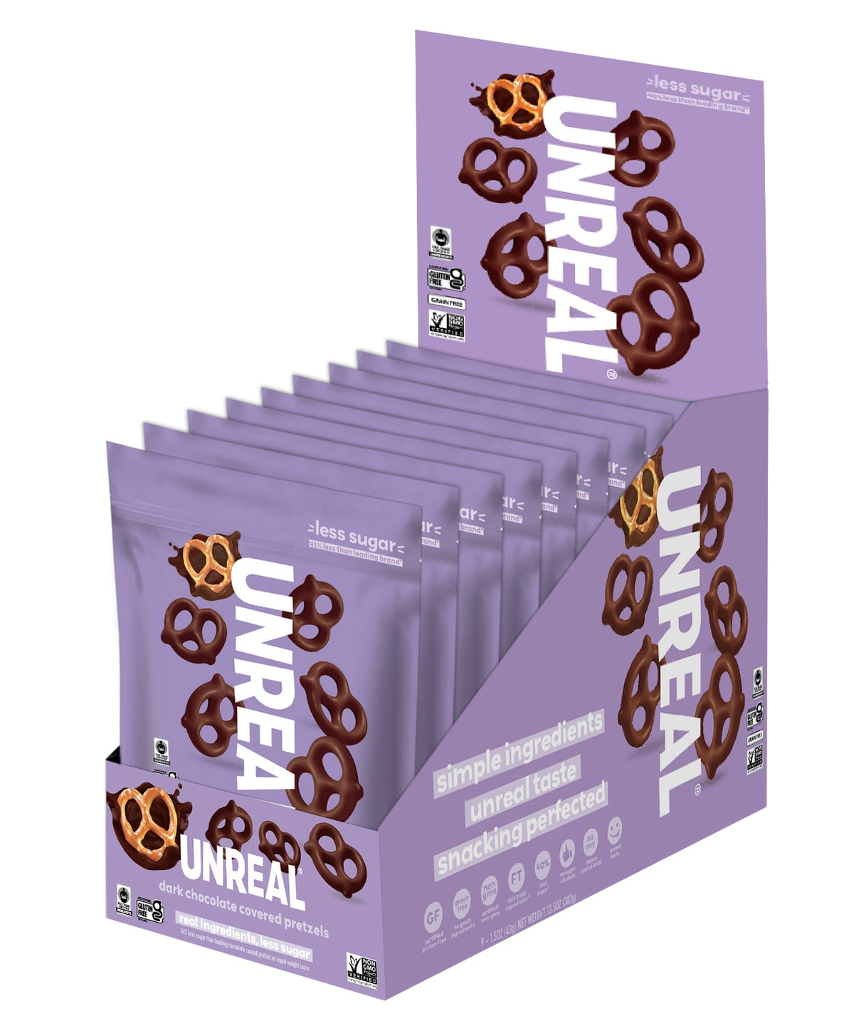 UNREAL - Dark Chocolate Covered Pretzels (Caddy of 9 Pouches, 1.5 oz each)