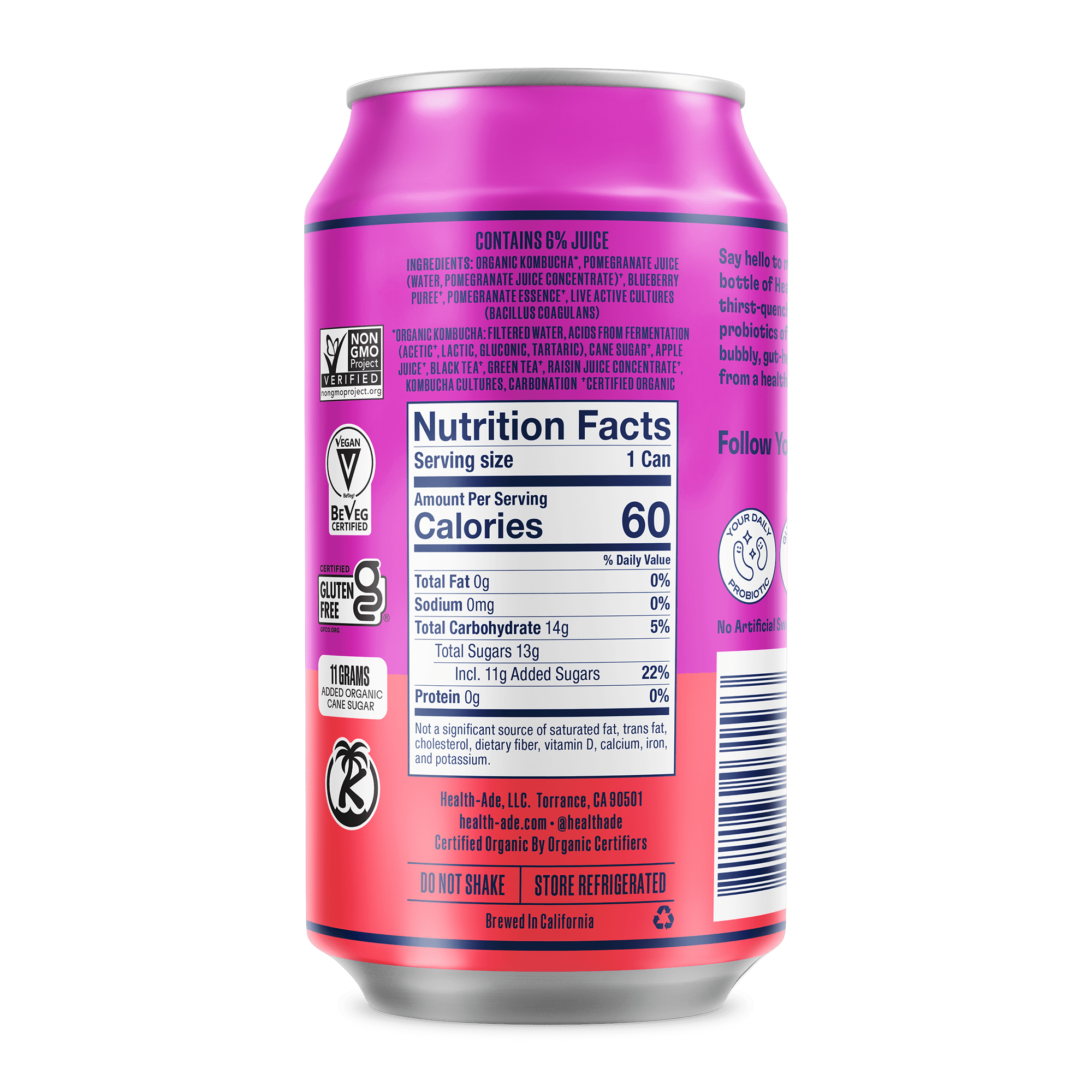 Health-Ade Pomegranate Blueberry Kombucha can, right side