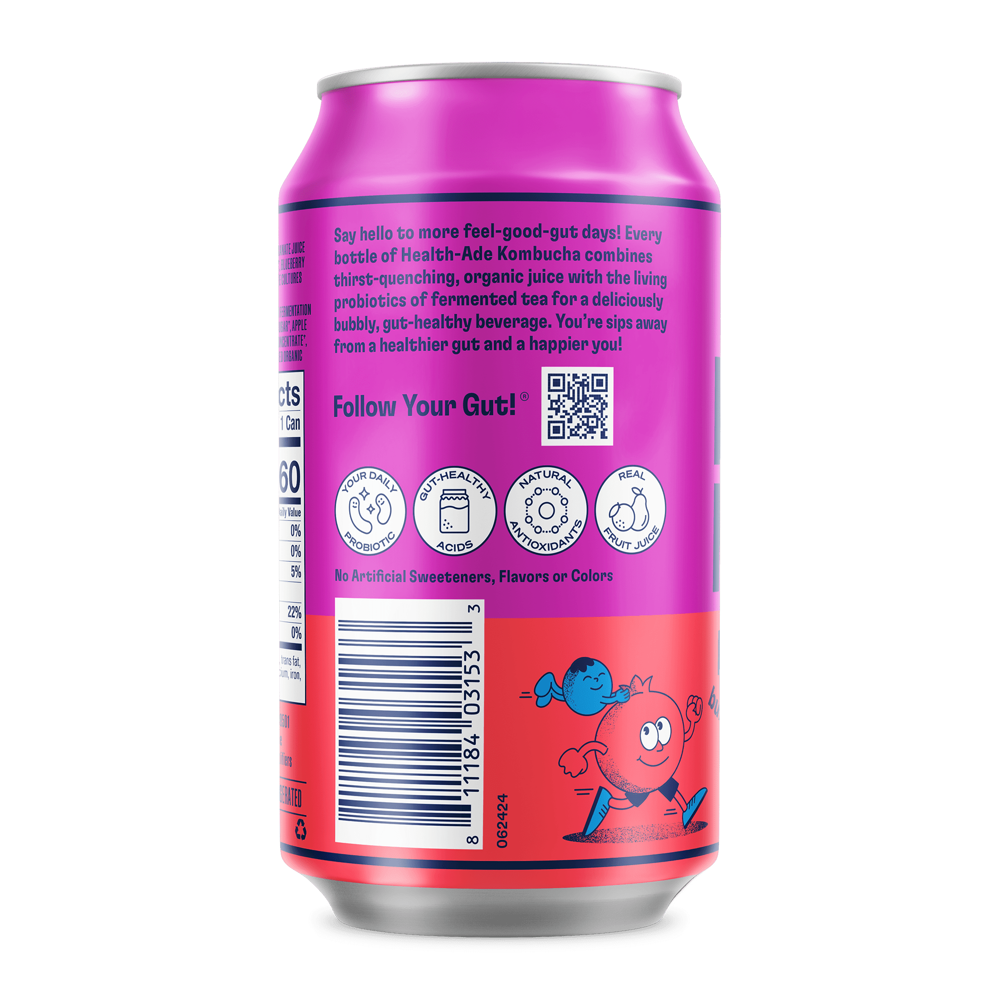 Health-Ade Pomegranate Blueberry Kombucha can, left side