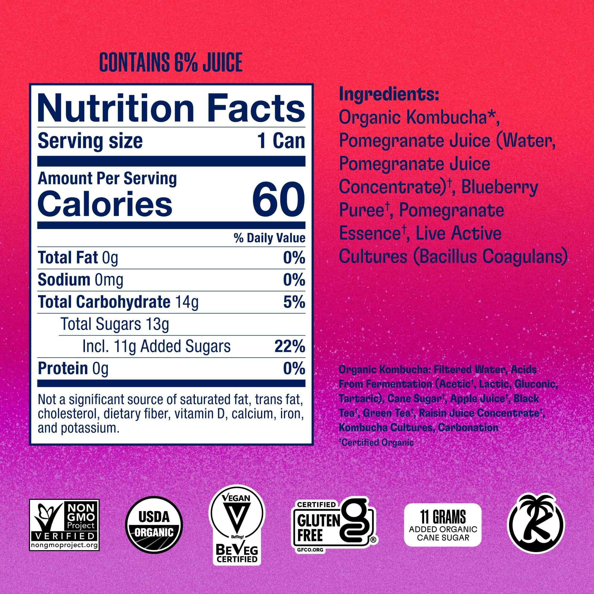 Health-Ade Pomegranate Blueberry Kombucha can nutrition facts and ingredients panel