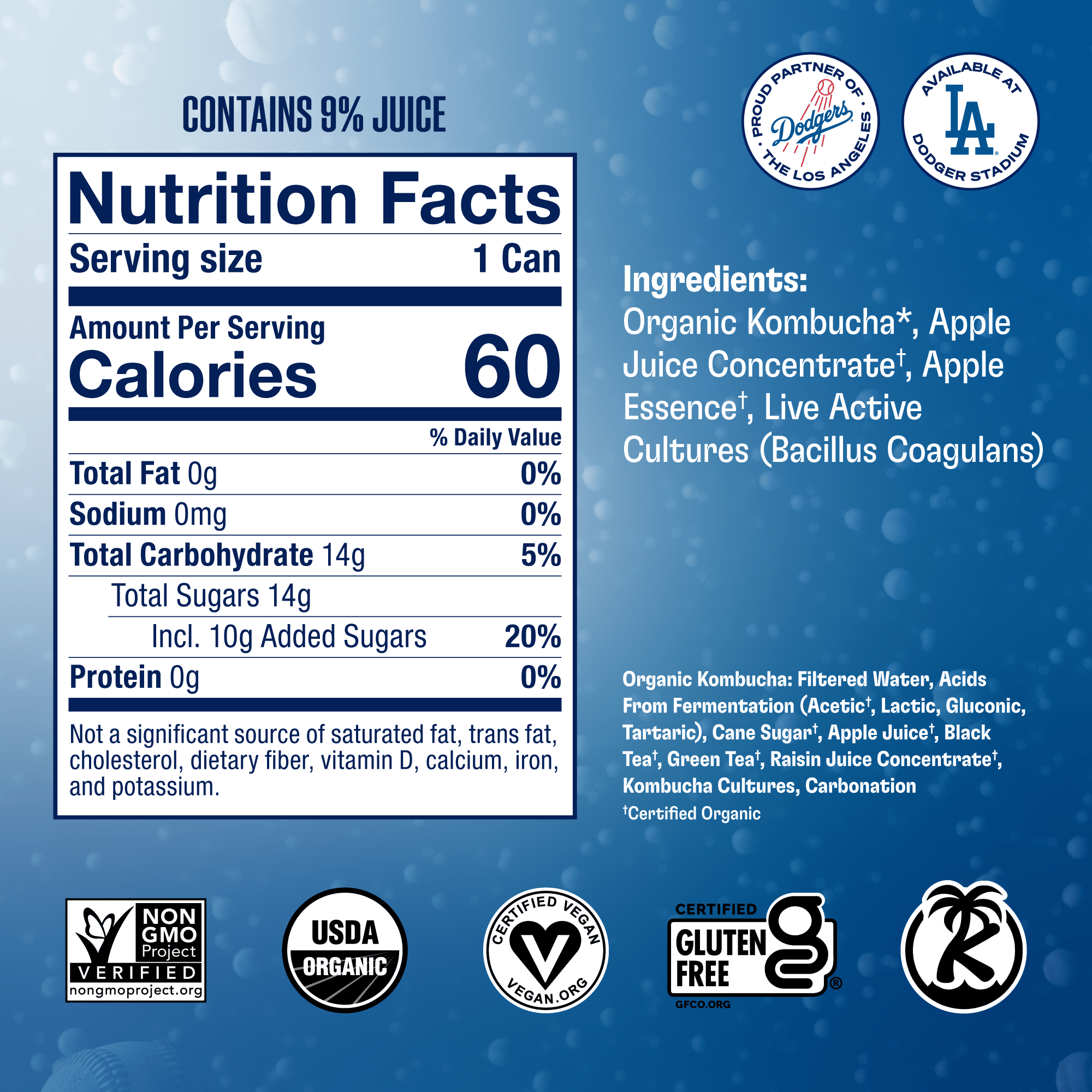 Health-Ade Pink Lady Apple Kombucha LA Dodgers can nutrition facts and ingredients panel