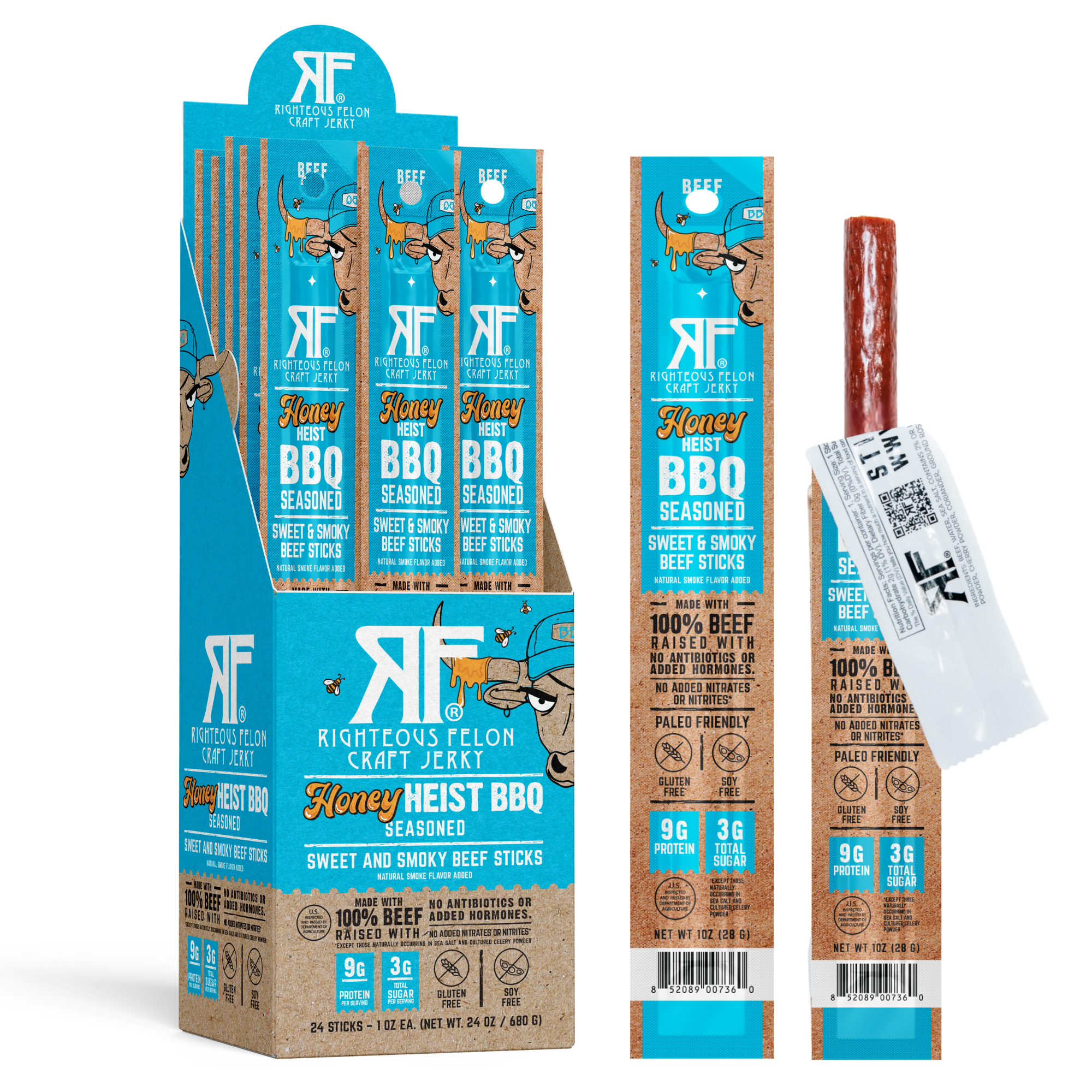 Righteous Felon Honey Heist BBQ Beef Stick 1oz (24ct)