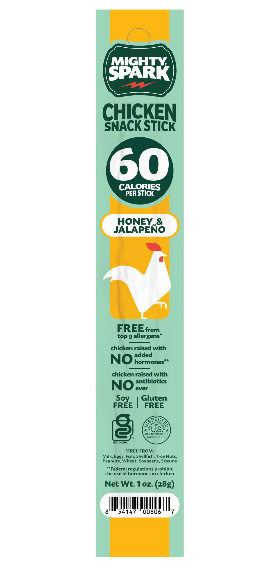 Mighty Spark Honey & Jalapeño Chicken Snack Stick - single 1 oz stick (48 per case)