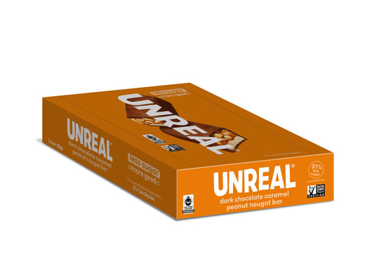 UNREAL - Dark Chocolate Caramel Peanut Nougat Bars, Full Size (Caddy of 12 Bars, 1.2 oz each)