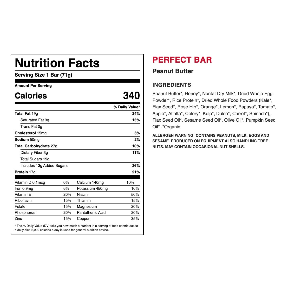 Perfect Bar Peanut Butter nutrition facts and ingredients