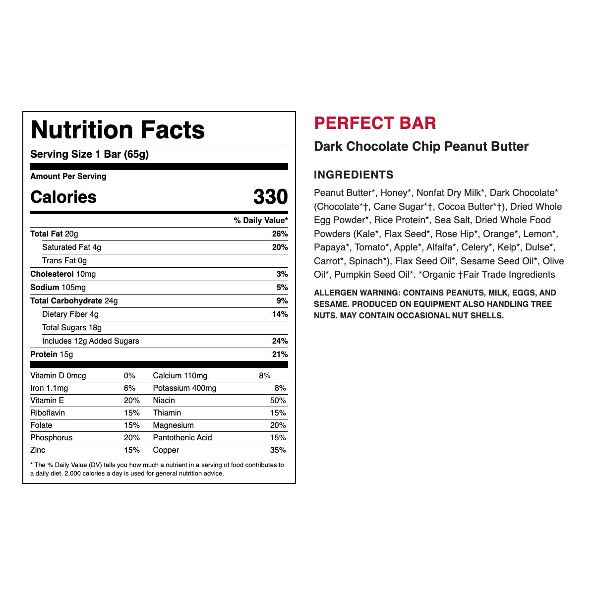 Perfect Bar Dark Chocolate Chip Peanut Butter nutrition facts and ingredients