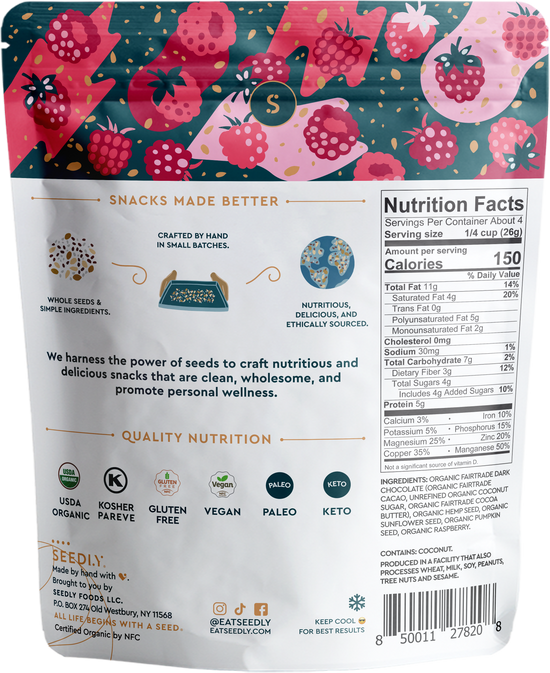 SEEDLY, Raspberry Bliss, Dark Chocolate Bark, 3.6 Oz.