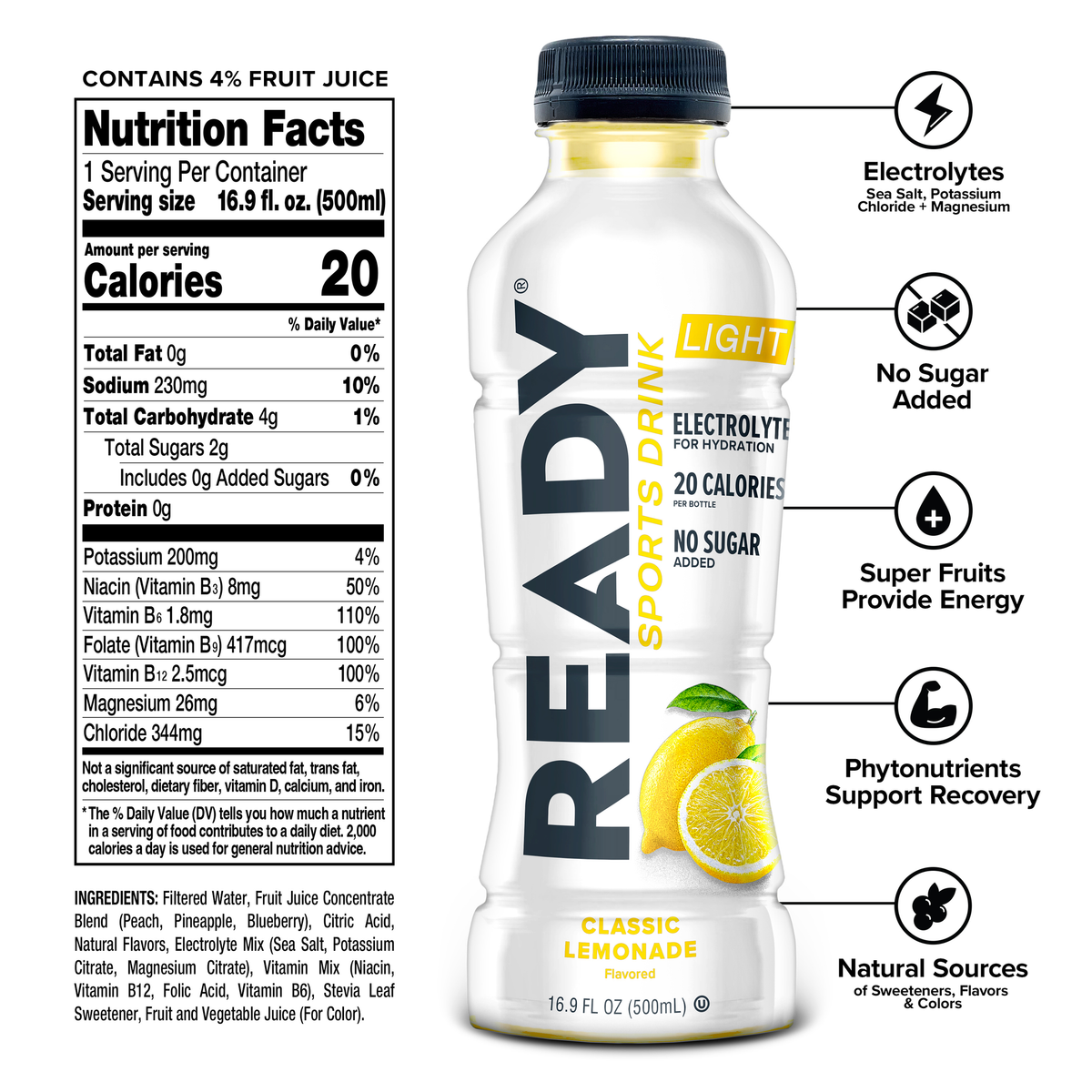 Ready Sports Drink Light - Classic Lemonade (12 x 16.9oz)
