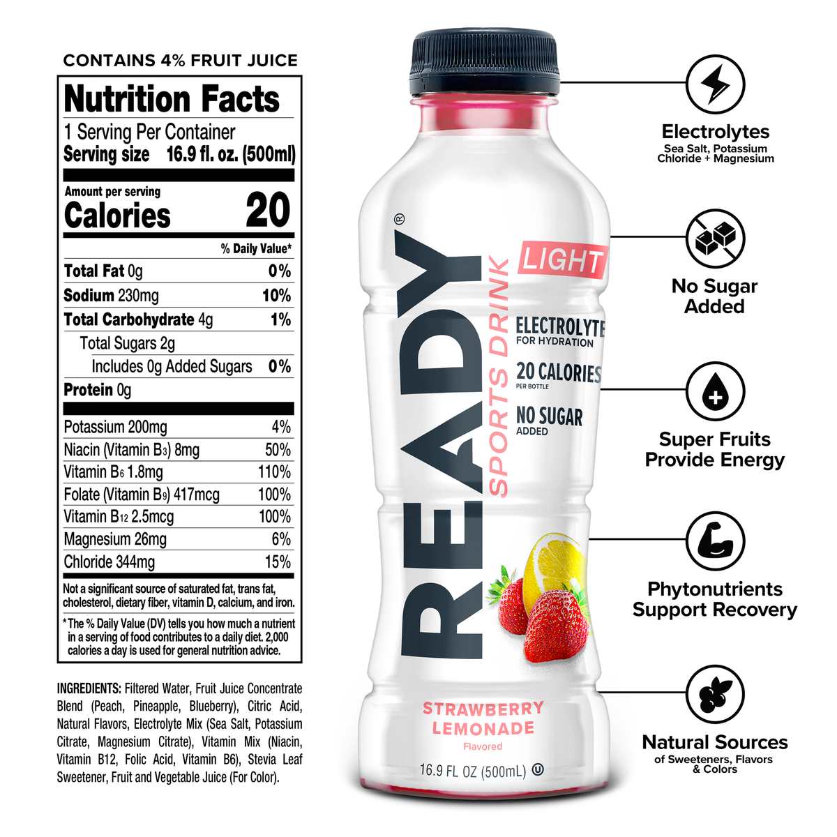Ready Sports Drink Light - Strawberry Lemonade (12 x 16.9oz)