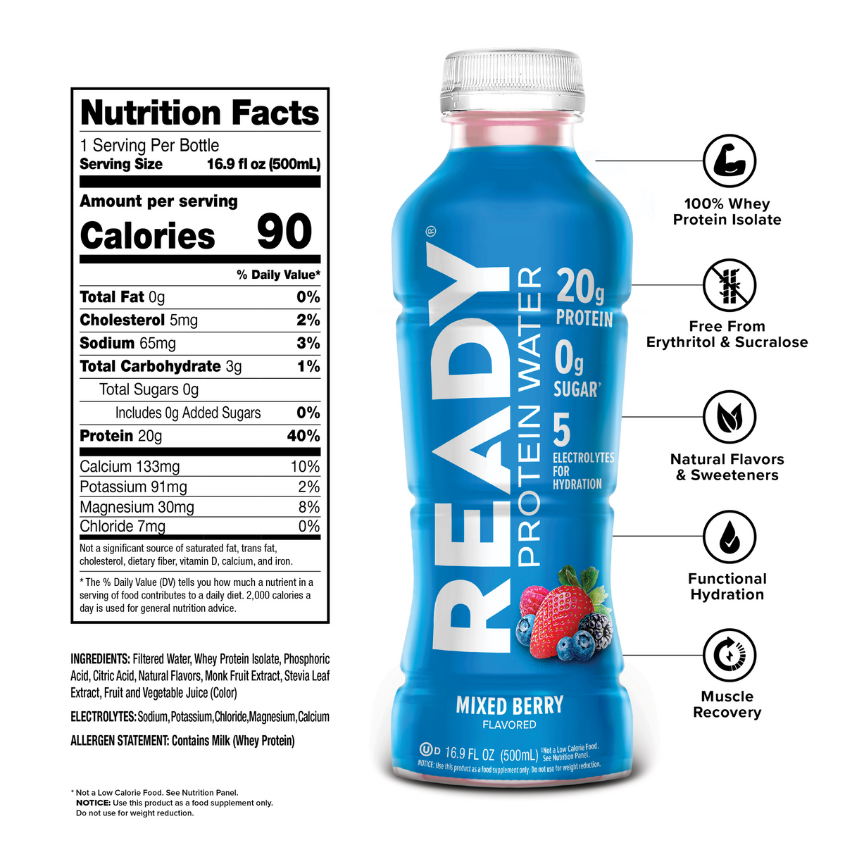 Ready Clear Protein Water 20g - Mixed Berry (12 x 16.9oz)